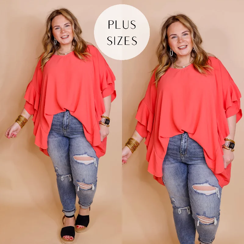 Plus Sizes | Sip of Spring Ruffle Sleeve Shift Top with V Neckline in Coral Pink Comfortable Chic