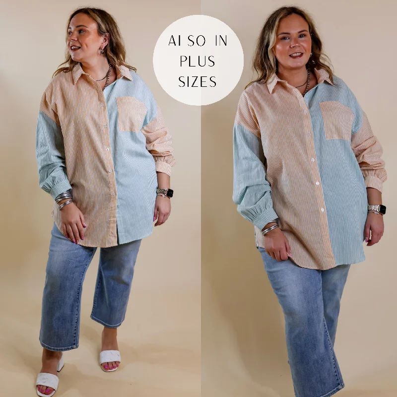 Simply Polished Pin Stripe Long Sleeve Button Up Top in Sage Green and Mustard Yellow Limited Time Offers