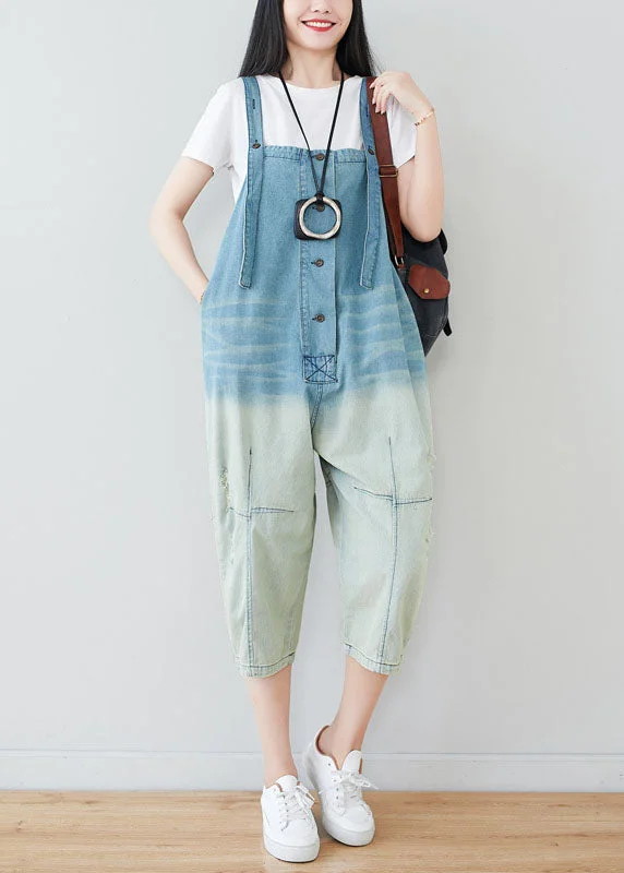 Plus Size Light Blue Patchwork Gradient Color Cotton Overalls Jumpsuit Spring Coastal Beach - Inspired Style