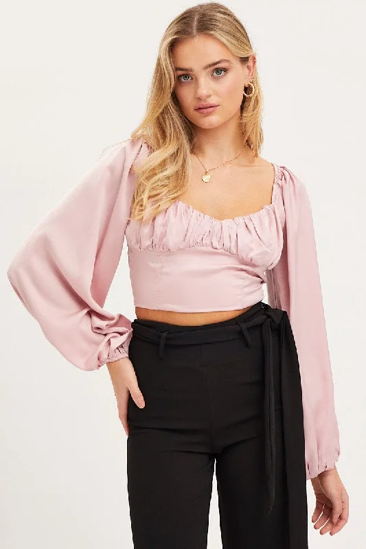 Pink Puff Sleeve Top Long Sleeve Crop Satin Hollywood Glam Award - Show Style