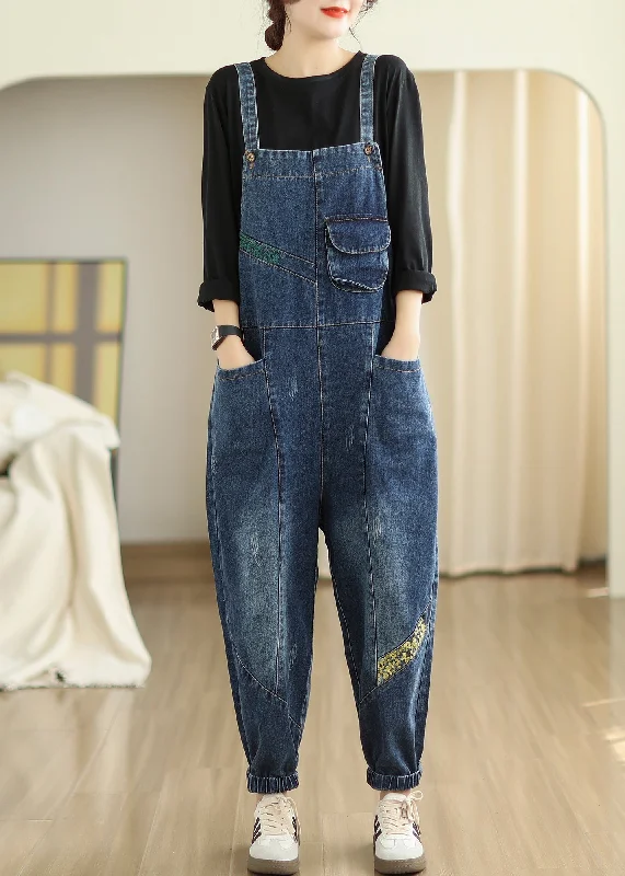 DIY Navy Embroidered Patchwork Denim Jumpsuits Spring Stylish Statements