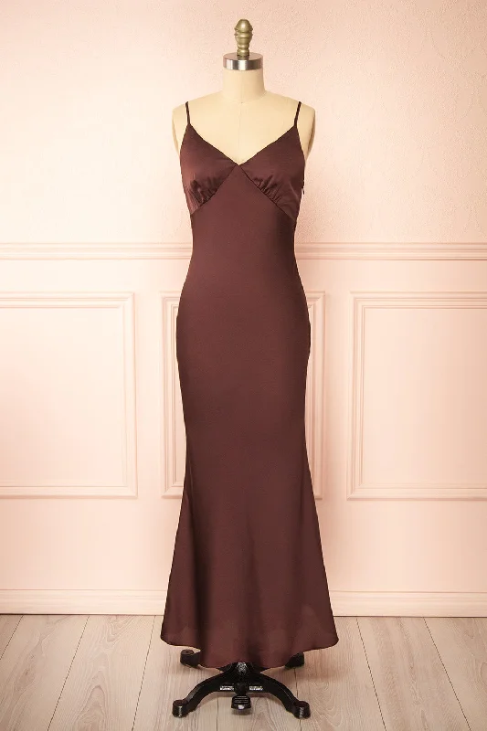 Edna | Brown Maxi Satin Dress w/ Open Back Special Offer