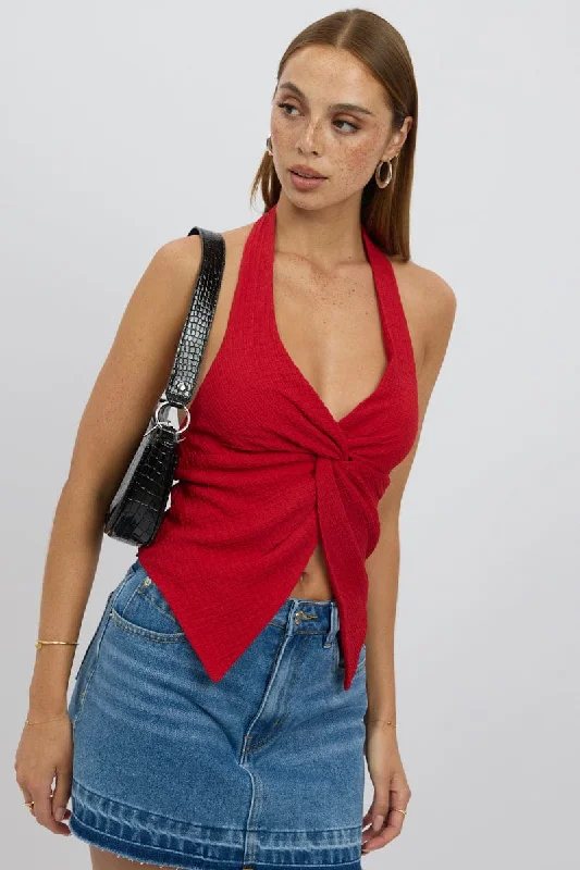 Red Halter Neck Top Textured Exclusive Sale