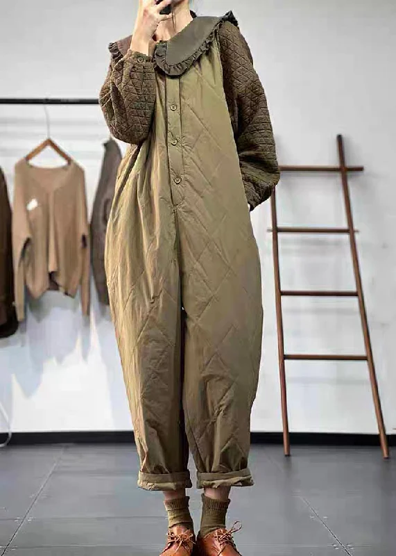 Casual Versatile Green Coffee Button Fine Cotton Filled Jumpsuit Winter Women's Urban Fashion