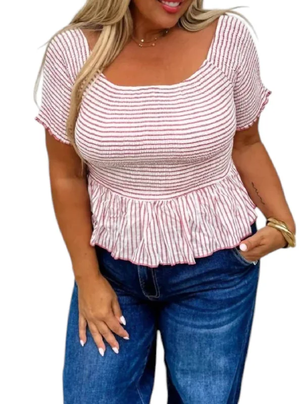 Essie Stripe Smocked Top In Pink End Of Month Blowout