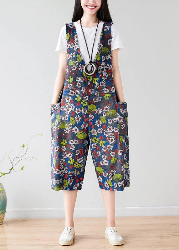 Plus Size Dark Grey V Neck Print Pockets Cotton Overalls Jumpsuit Summer Y2K Nostalgic Fashion Look