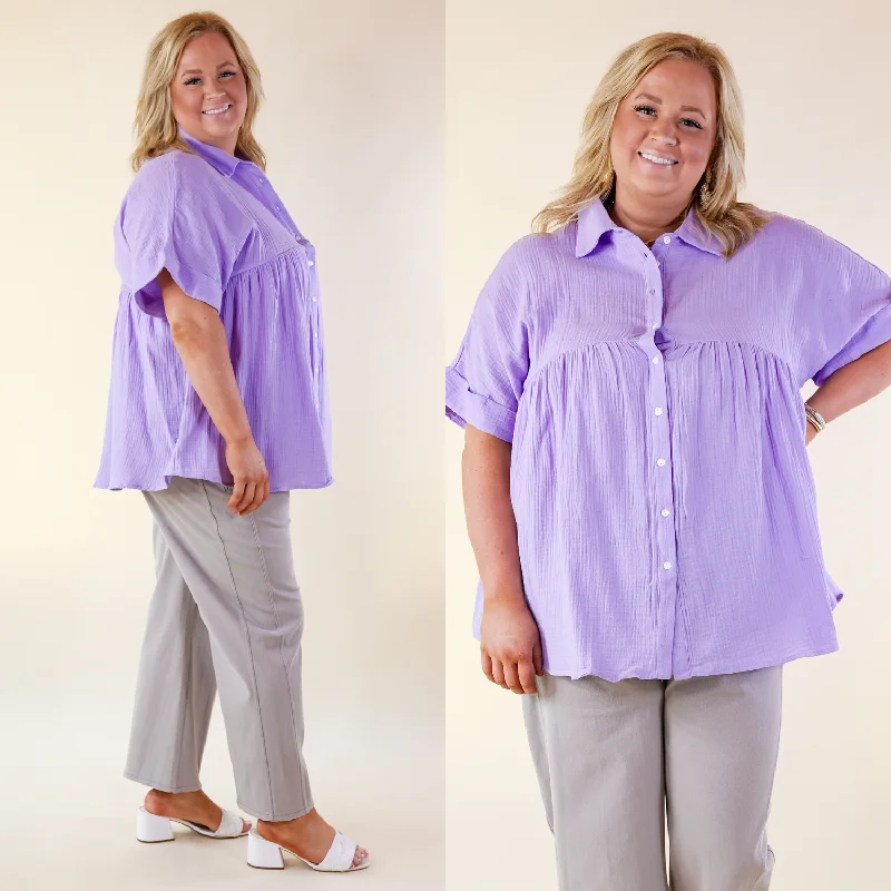 Mellow Mood Collared Button Up Babydoll Top in Lavender Purple Final Clearance