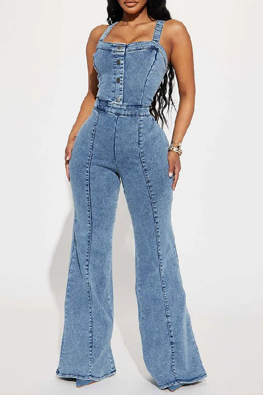 Solid Color Classic Denim Bell Bottoms Jumpsuit Vibrant Prints