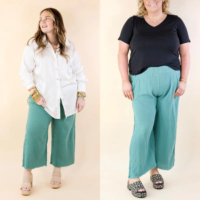 Right On Cue Elastic Waistband Cropped Pants with Frayed Hem in Dusty Green Casual Chic Clothing