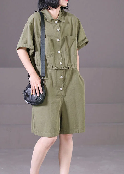 Boho Army Green Peter Pan Collar Drawstring Pockets Solid Color Cotton Overalls Jumpsuit Summer Discount Extravaganza