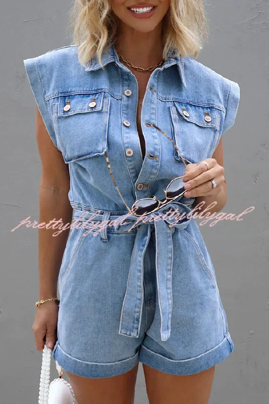 District Utility Denim Button Up Pocket Belted Romper Luxury Fashion