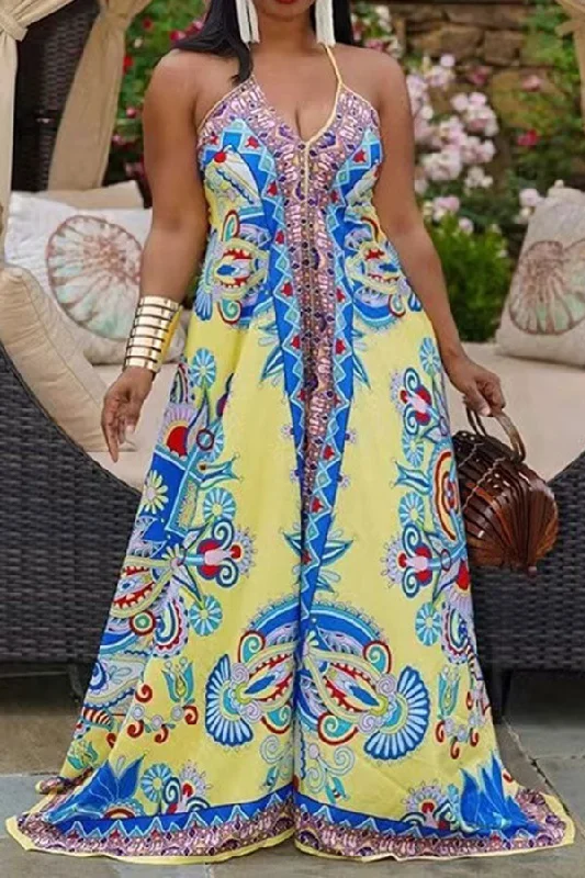 Paisley Print Bohemia Strappy Back Wide Leg Jumpsuit Fashion Sale