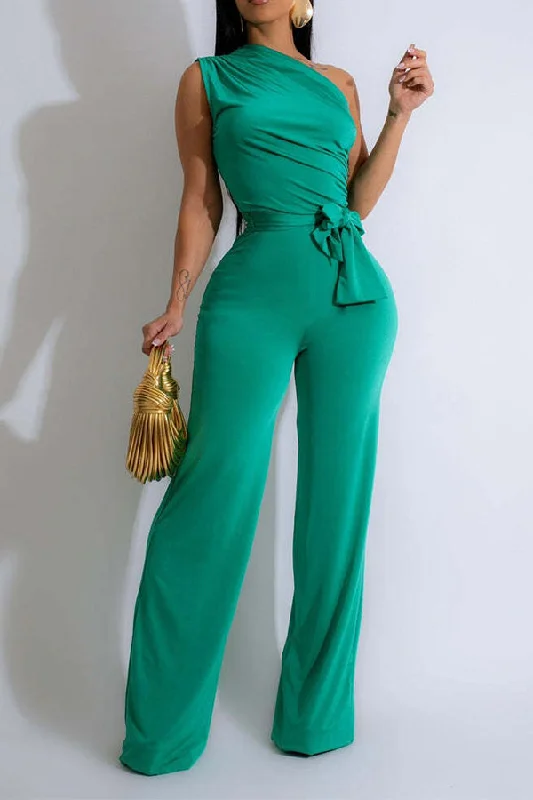 Solid Color One Shoulder Elegant Belted Jumpsuit Casual Elegance