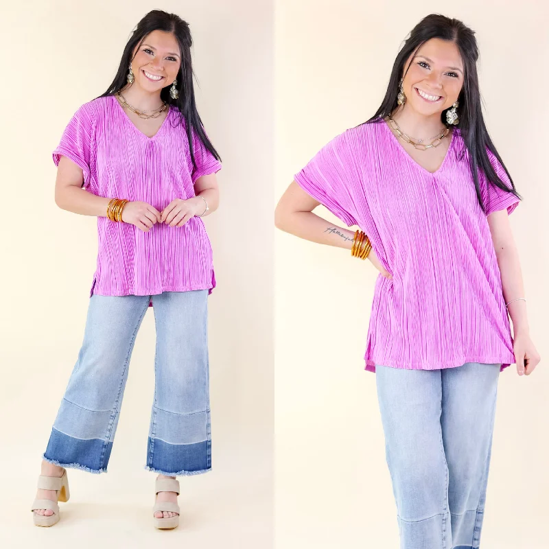 Casual Charm V Neck Plissé Top in Spring Orchid Purple Update With Cottagecore Styles