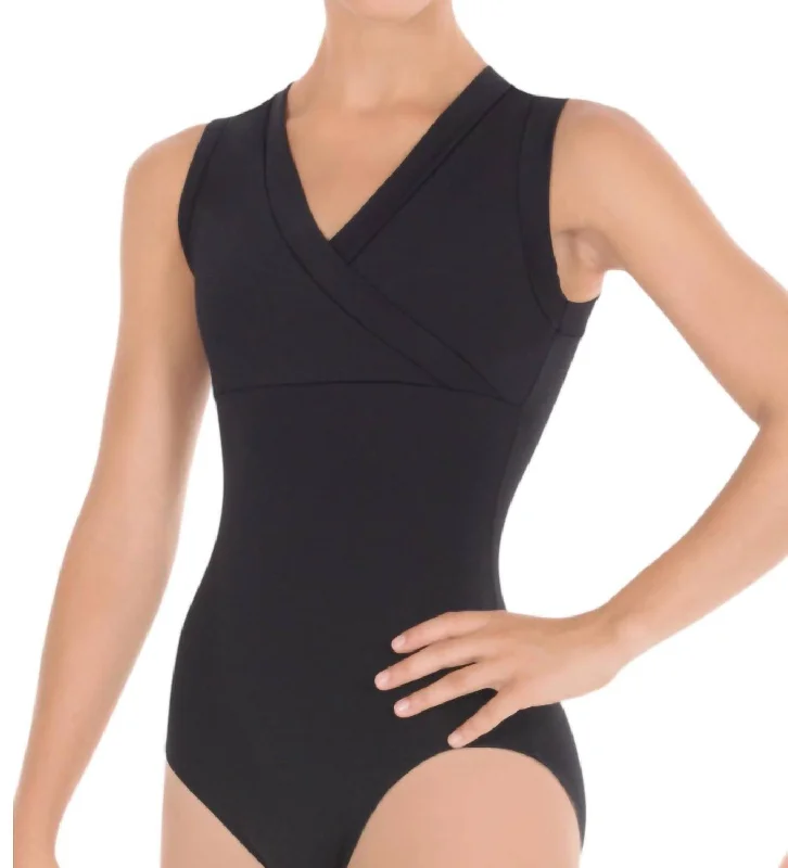 Wrap Front Ladies Leotard In Black Coastal Beach - Inspired Style