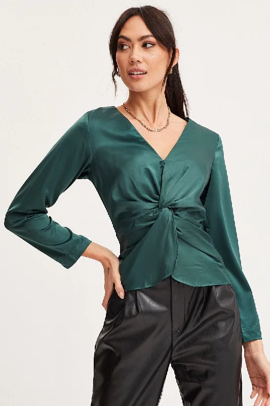 Green Twist Front Top Long Sleeve Alluring Design