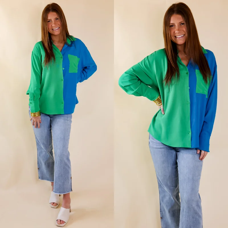 Play It Up Color Block Button Up Top in Blue and Green Elegant Details