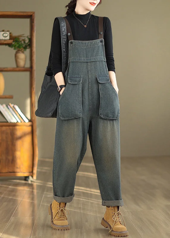 Women Blue Pockets High Waist Denim Jumpsuit Fall Minimalist Elegant