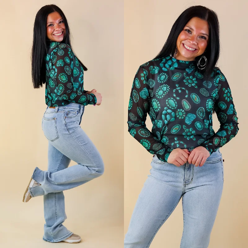 Rodeo Drive Mesh Turquoise Stone Long Sleeve Top in Black Save Big