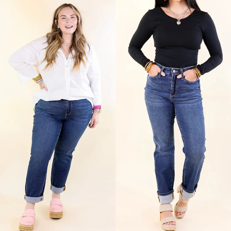 Judy Blue | Weekend Ready High Waisted Cool Denim Boyfriend Jean in Dark Wash Statement Piece