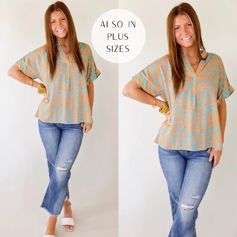 Bold and Beautiful V Neck Teal Leopard Print Top in Orange Effortless Grace