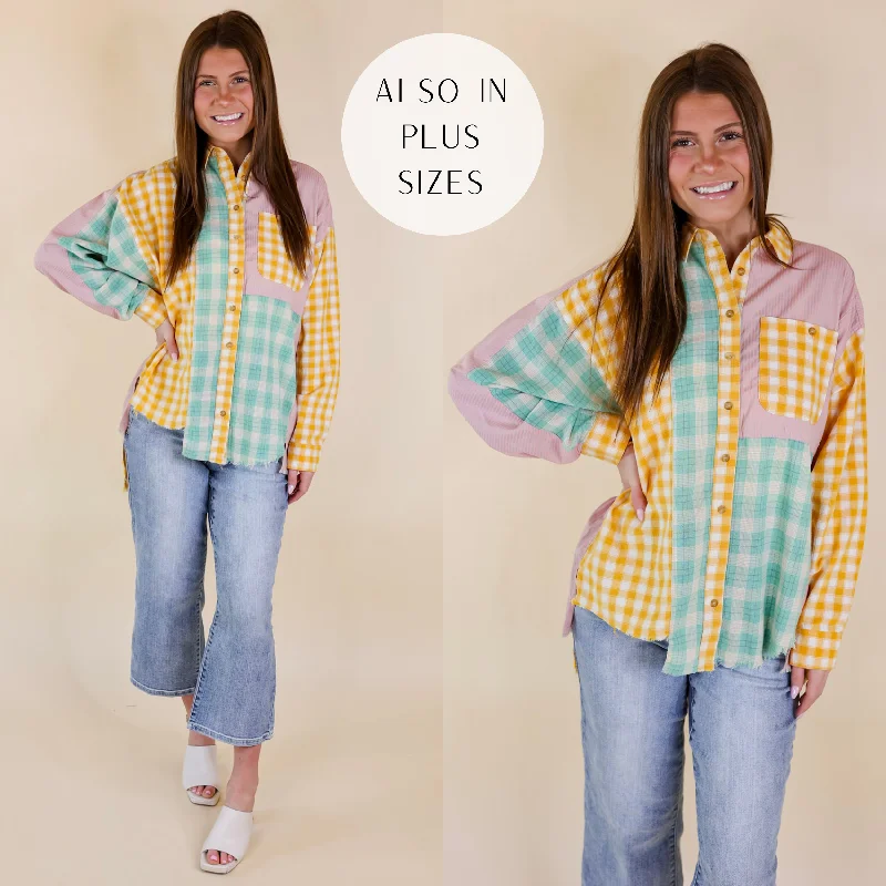 Sandy Shore Plaid Print Block Button Up Top with Raw Hem in Mustard Yellow Mix Minimalist Office - Ready Style