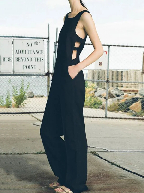 Casual Loose Solid Color Sleeveless Cutout Jumpsuit Popular Collection