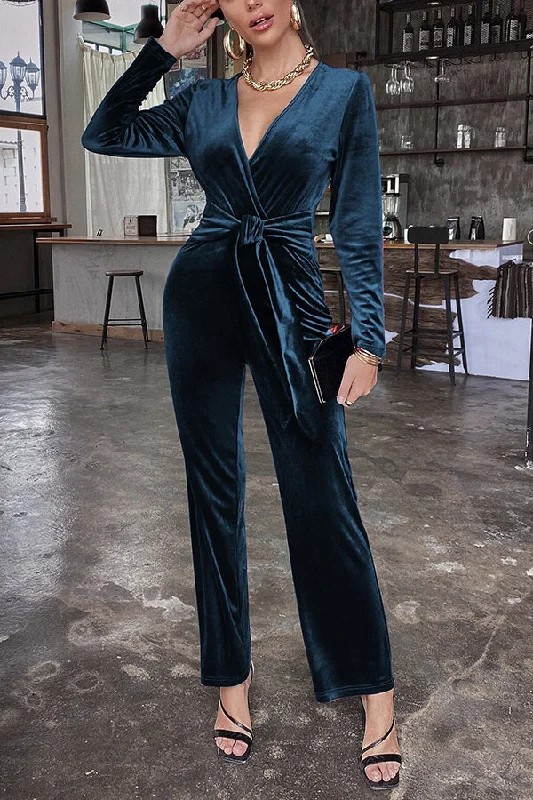 Solid Color Velvet Deep V Belt Slim Jumpsuit Graceful Movement