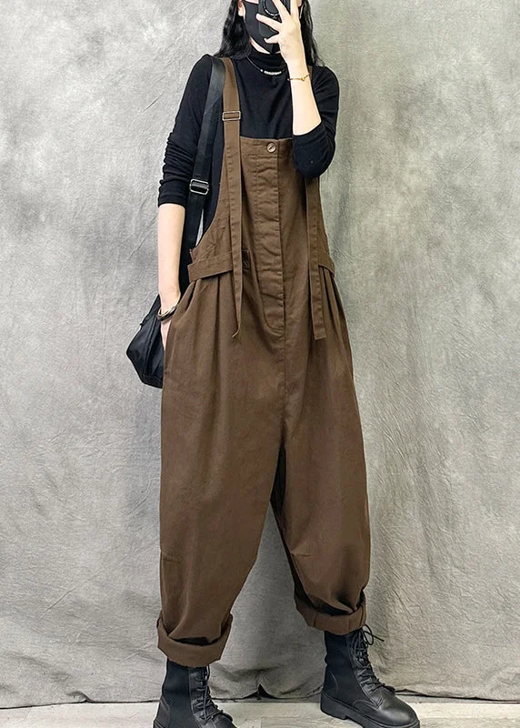 Fashion Coffee Pockets Patchwork Cotton Strap Pants Summer Special Offer