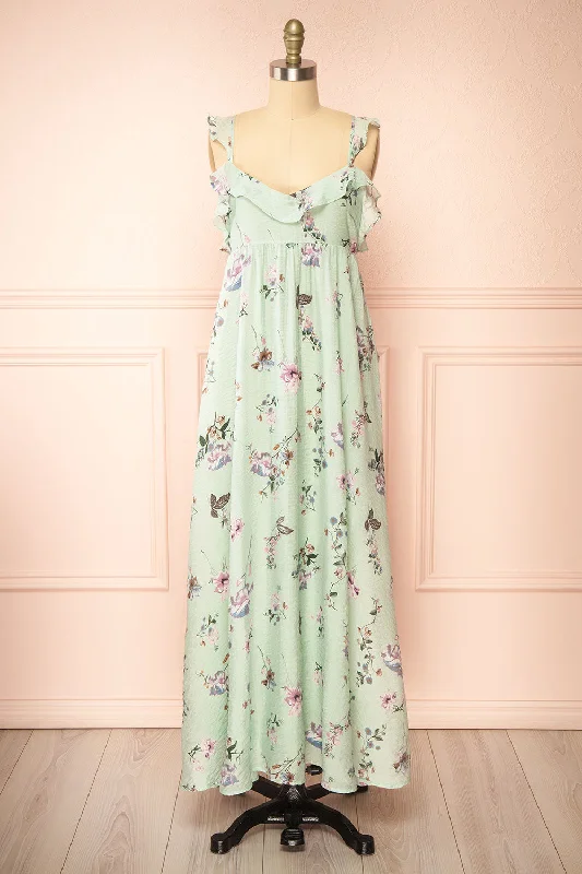 Queenie Green | Floral Maxi Dress w/ Ruffled Straps Limited Time Special Offer