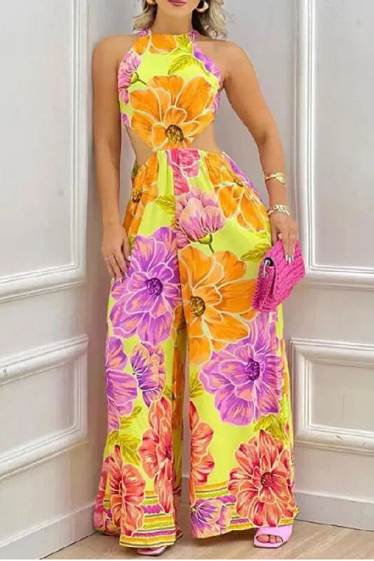 Floral Print Tropical Strappy Back Cutout Waist Wide Leg Jumpsuit Elegant Clothing