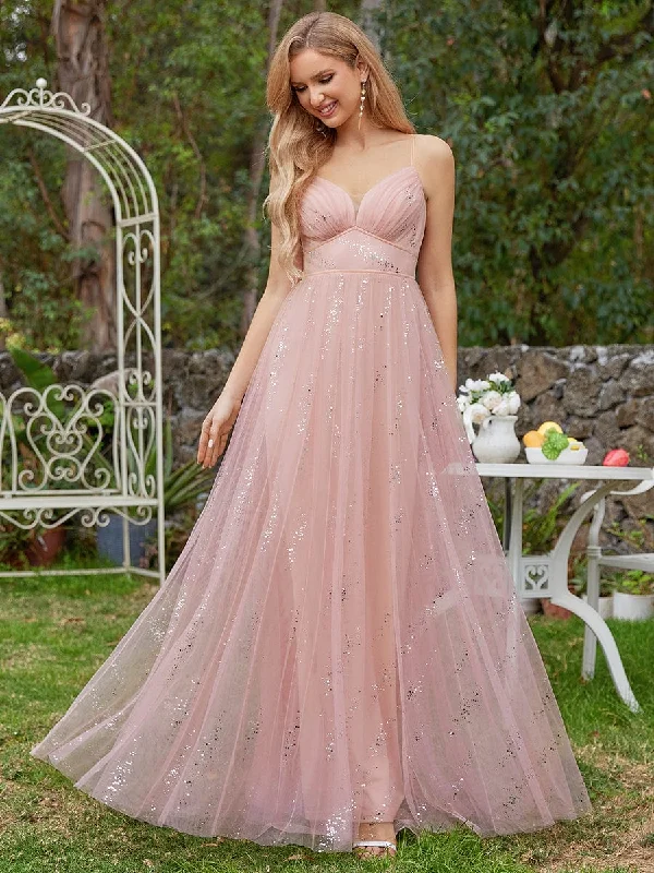 Sequined V-neck Tulle Bridesmaid Dress with empire waist Flowy Fabric