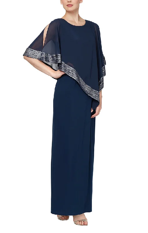 Jersey Column Dress with Asymmetrical Chiffon Cape Overlay with Metallic Trim Trend Setting Wardrobe