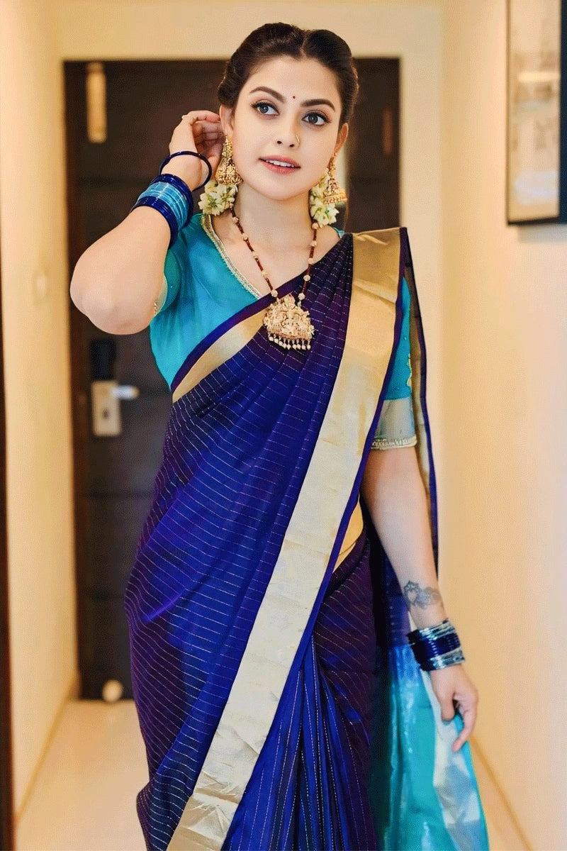 Navy Blue With Golden Border Silk Saree For Wedding Boho - Chic Festival - Ready Style