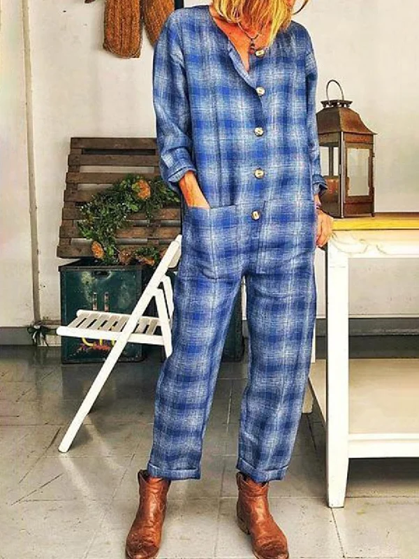 Casual Plaid Long Sleeve Jumpsuit Holiday Attire Sale