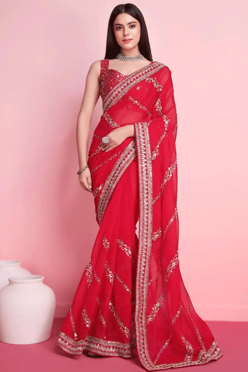 Karwa Chauth Special  Embroidery  Work Saree for Women Chic Style