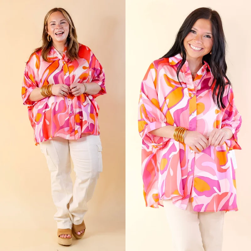 Sophisticated Sweetie Button Up Mosaic Print Poncho Top in Pink Mix Luxury Comfort