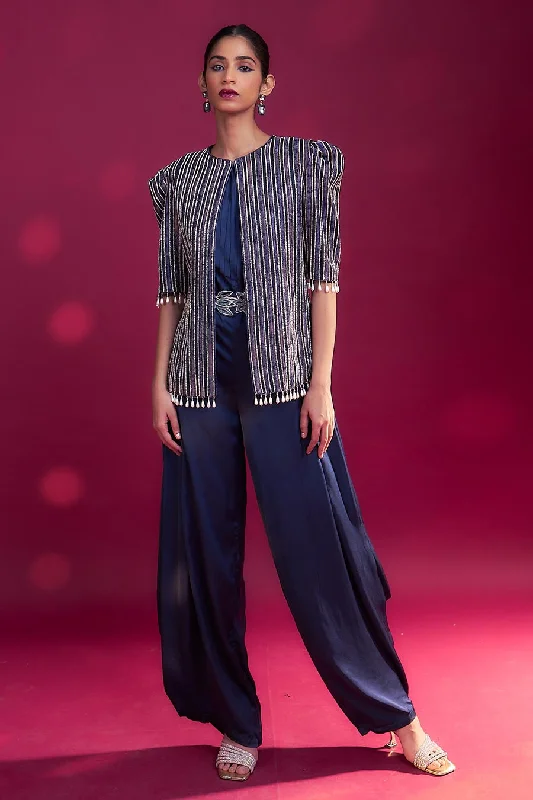 Deep Blue Ajrakh Embroidered Jacket & Jumpsuit Set Enjoy Discount