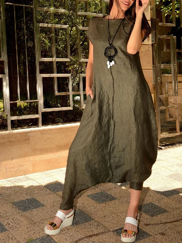 Women Round Neck Short Sleeve Loose Jumpsuit with Pocket Trendy Styles