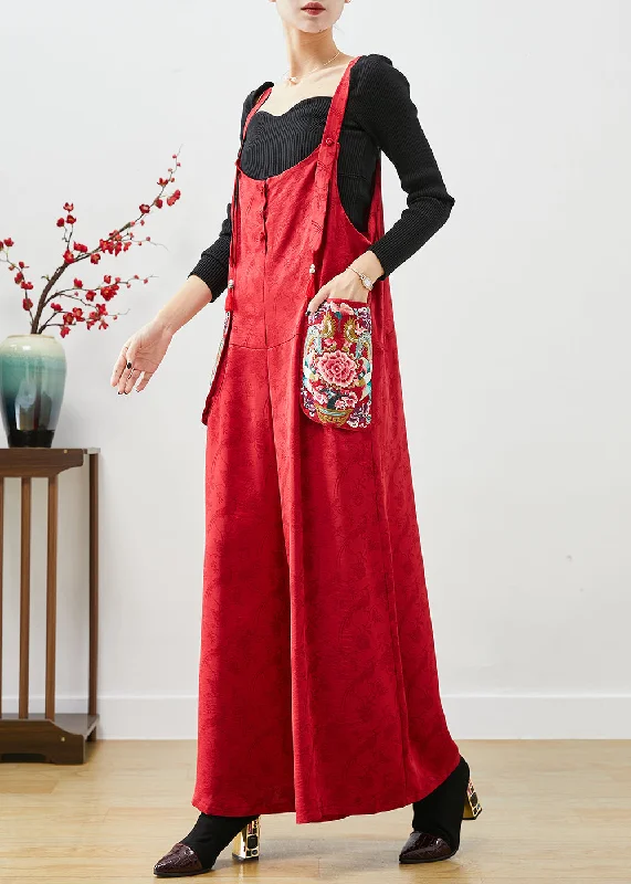 Fashion Red Embroidered Pockets Silk Jumpsuit Fall Fashion Sale