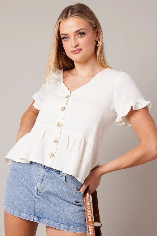 White Button Up Top V-Neck Frill Hem Top Linen Everyday Basics