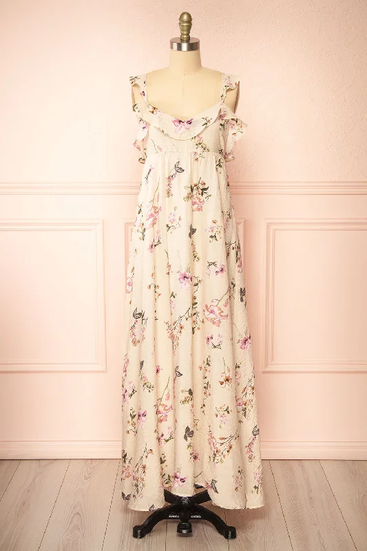 Queenie Beige | Floral Maxi Dress w/ Ruffled Straps Exclusive Deals Online