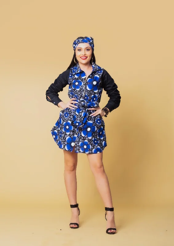 Doris Ankara Short Shirt Dress | Blue and White African Print Lighten Up With Nordic Styles