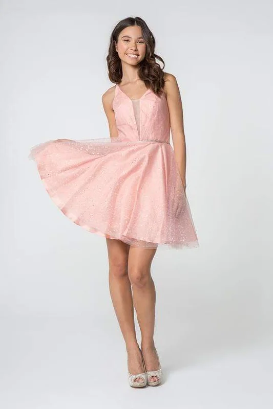 Elizabeth K - GS2865 Glitter Overlaid Plunging Bodice Short Dress High End Designer Brands Discount