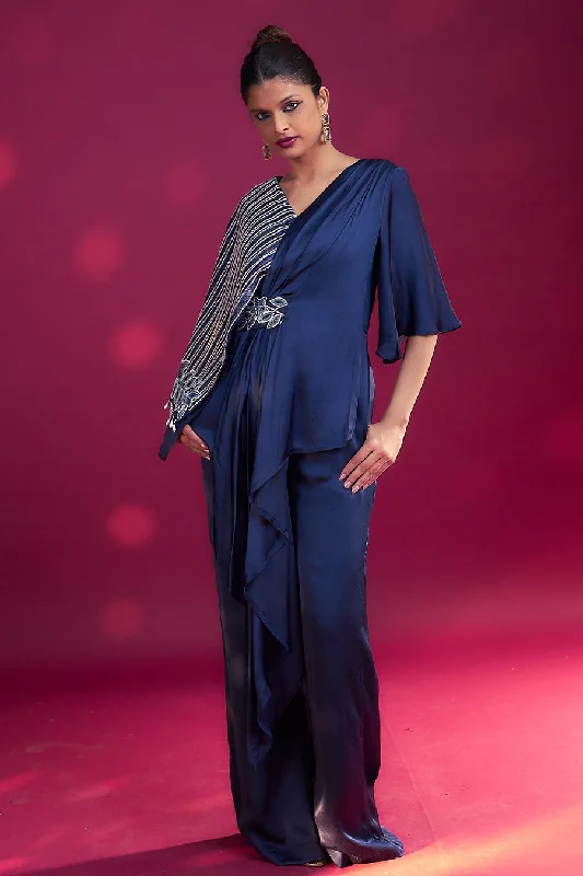 Deep Blue Ajrakh Embroidered Flap Jumpsuit End Of Season Sale