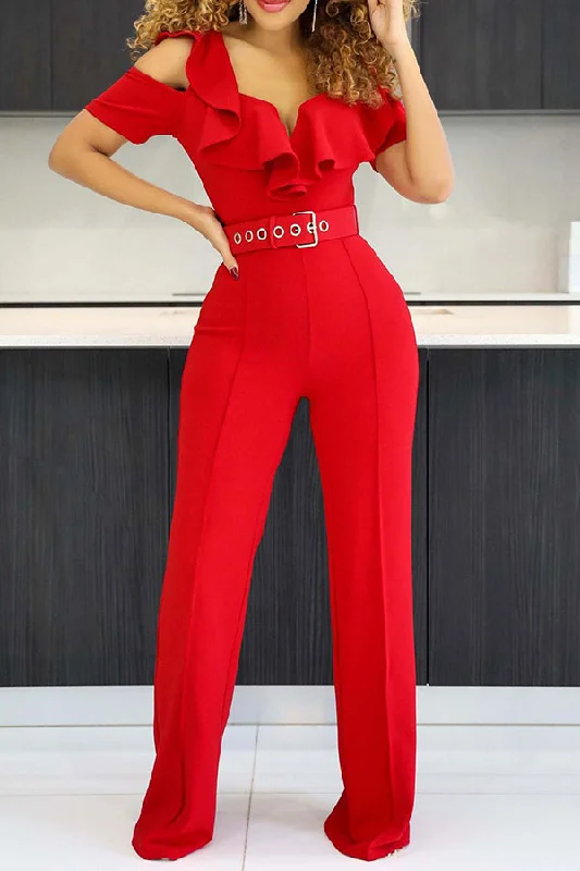 Solid Color Glamorous Ruffle Cold Shoulder Jumpsuit (With Belt) Pastel Styles