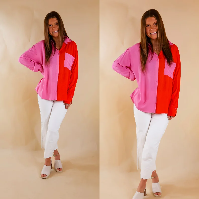 Play It Up Color Block Button Up Top in Pink and Red Statement Piece