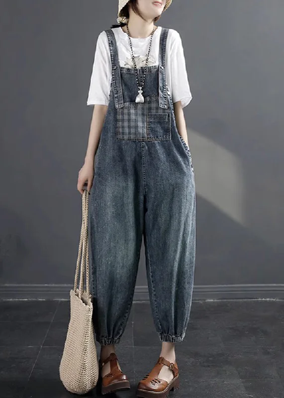 Boutique Navy Oversized Patchwork Denim Strap Jumpsuit Spring Soft Textures