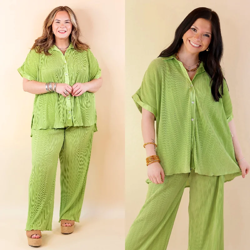 Walking In Paradise Plissé Button Up Top in Green Refined Look