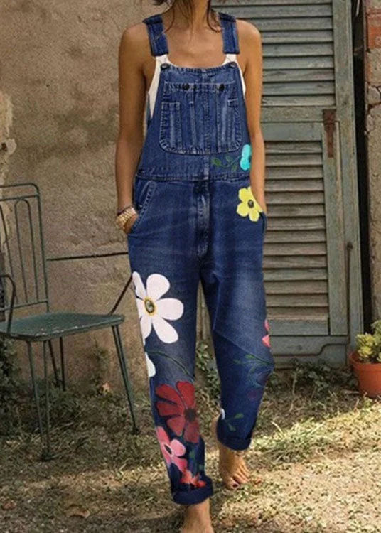 Boho Sunflower Print Denim Jumpsuit Vintage Inspired Fashion Sale